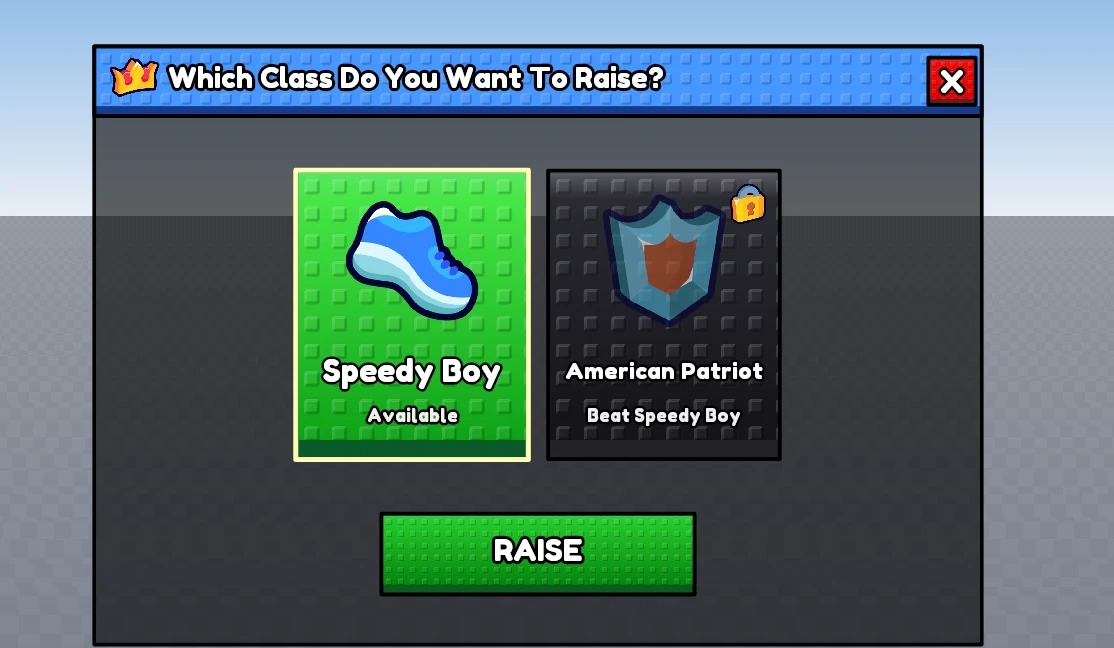 the same class picker where speedy boy gets a running boot and the locked patriot gets a shield